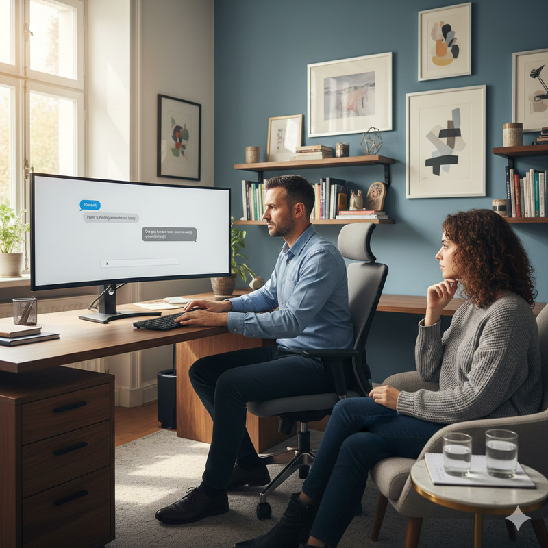 A person analyzing a conversation on a laptop.