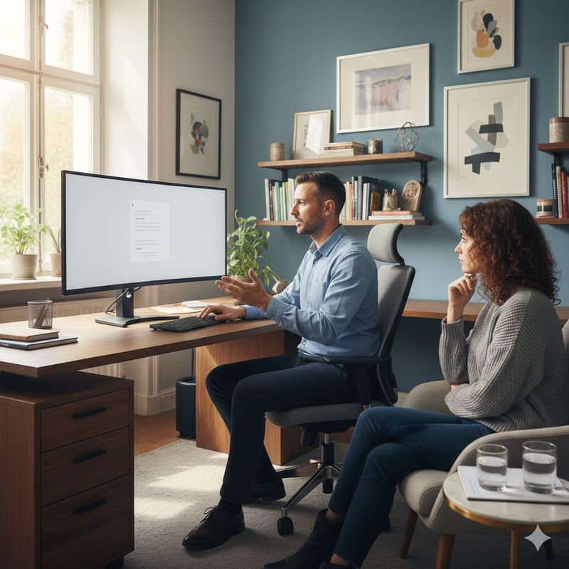 A person receiving support through a video call.
